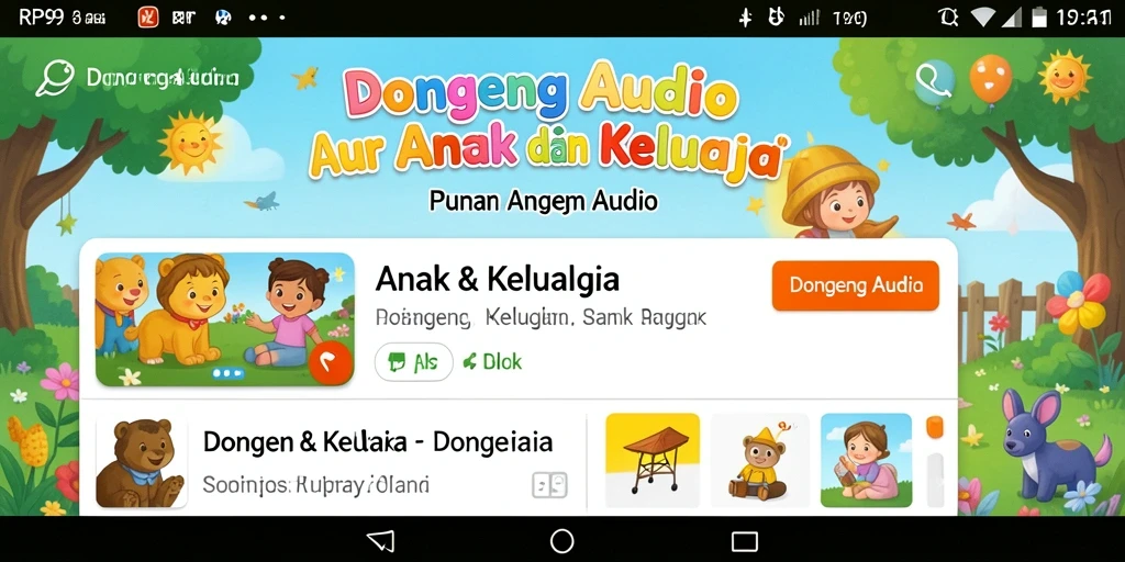 Screenshot utama RP99 menampilkan antarmuka menarik untuk mendengarkan dongeng audio.