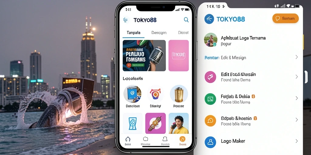 Antarmuka aplikasi TOKYO88 menampilkan alat desain Logo Maker yang lengkap.